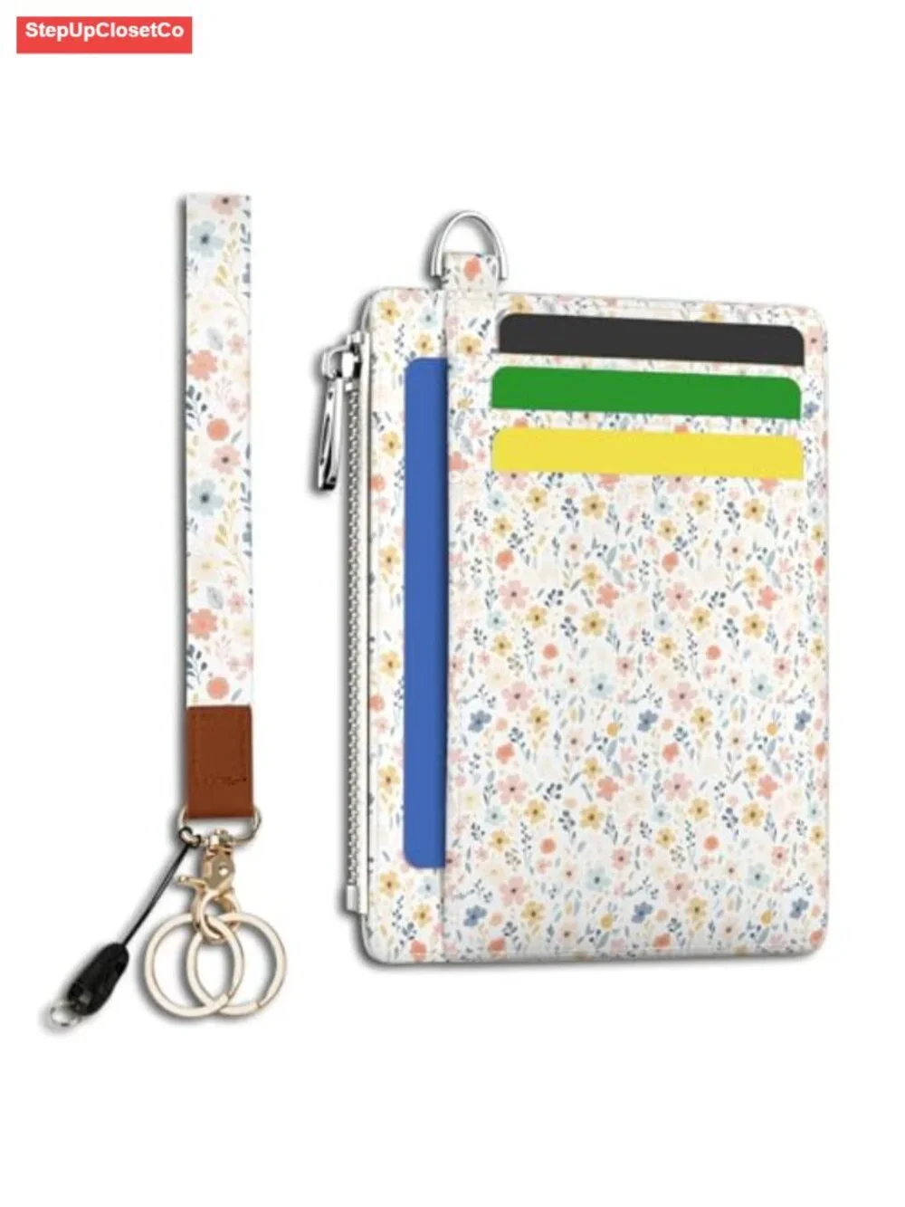 Floral Slim RFID Blocking Card Holder Wallet with Wristlet Key Chain